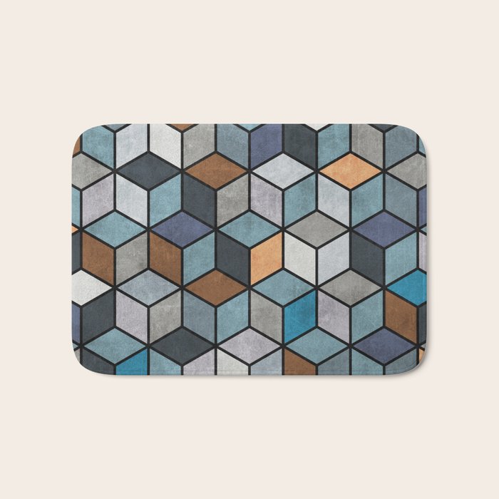 Colorful Concrete Cubes - Blue, Grey, Brown Bath Mat