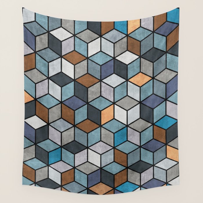 Colorful Concrete Cubes - Blue, Grey, Brown Wall Tapestry