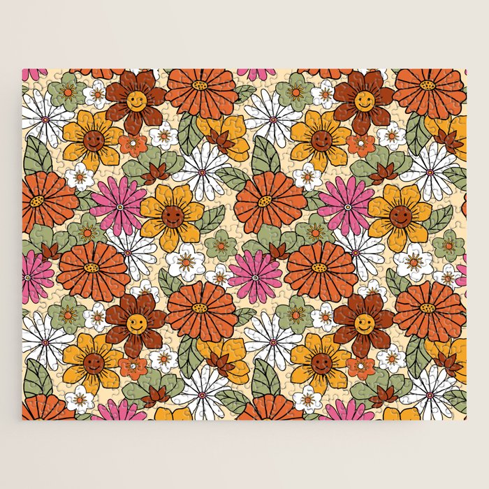 Retro 70s Boho Floral Pattern Jigsaw Puzzle