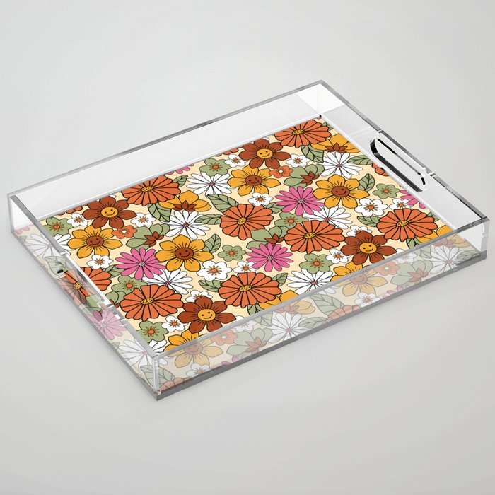 Retro 70s Boho Floral Pattern Acrylic Tray