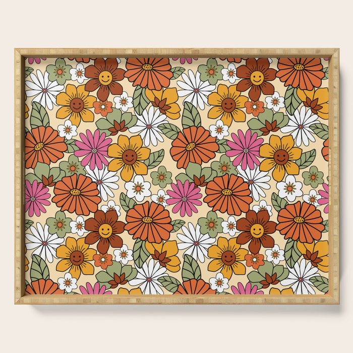 Retro 70s Boho Floral Pattern Serving Tray