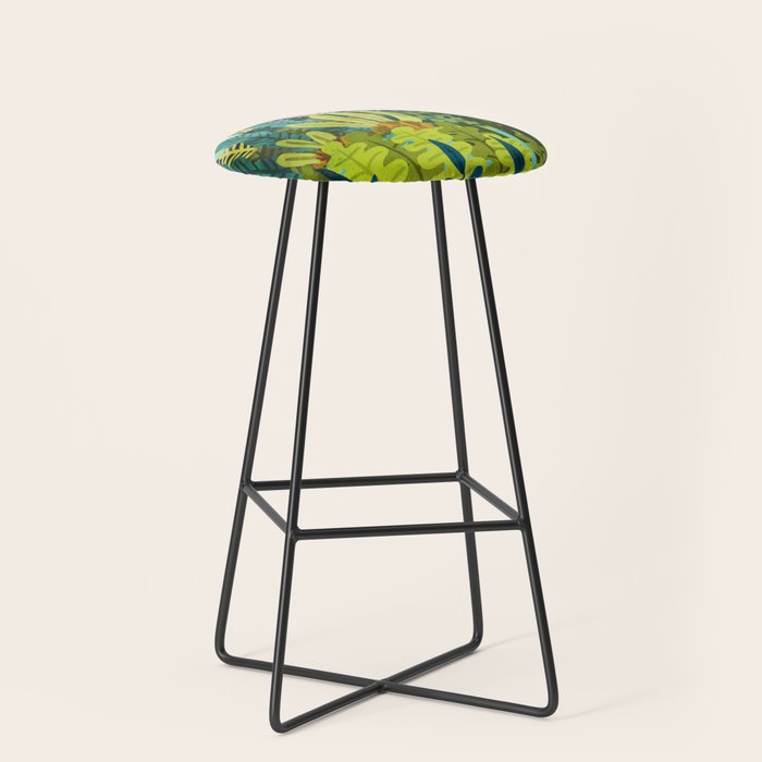 Wild Jungle Painting, Forest Dark Botanical Nature, Plants Tropical Eclectic Modern Illustration Stool