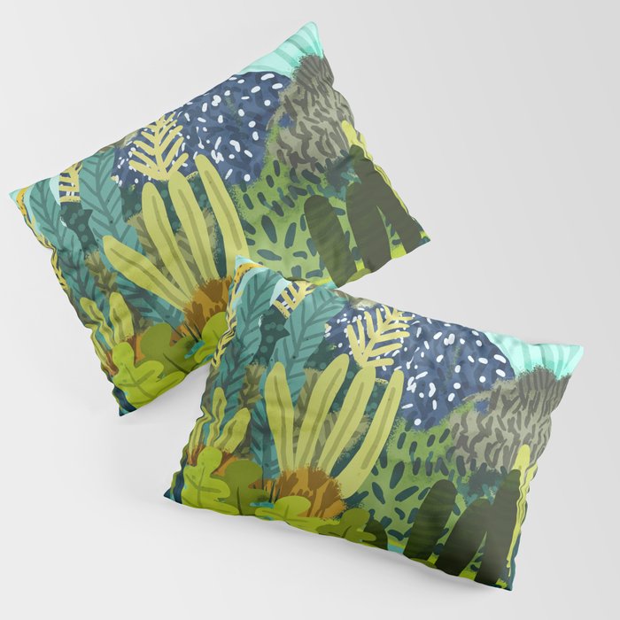 Wild Jungle Painting, Forest Dark Botanical Nature, Plants Tropical Eclectic Modern Illustration Pillow Sham