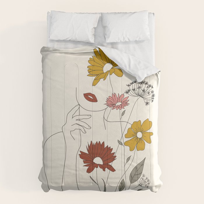 Colorful Thoughts Minimal Line Art Woman With Flowers Iii Comforter
