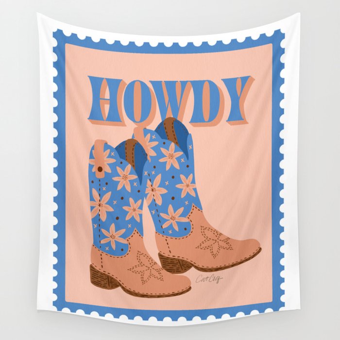 Howdy Cowgirl - Blue & Peach Wall Tapestry