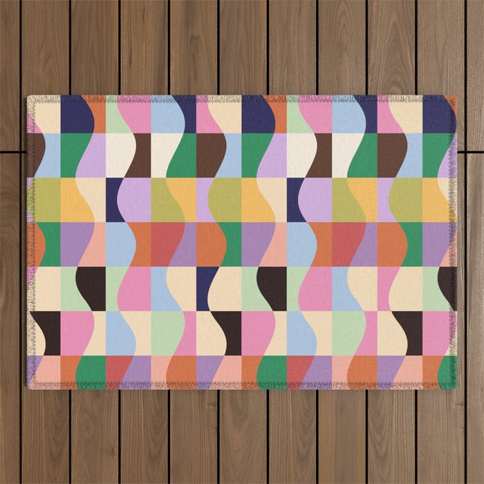 Retro Colorful Wavy Checkerboard Outdoor Rug