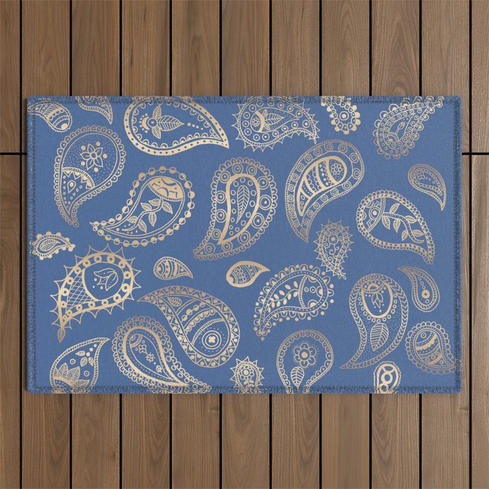 Classic Blue And Gold Paisley Outdoor Rug