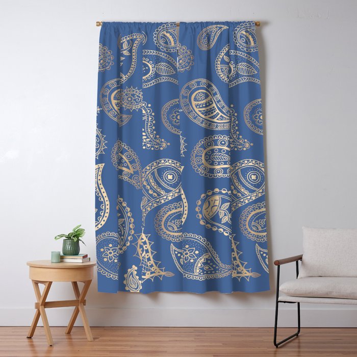 Classic Blue And Gold Paisley Window Curtain