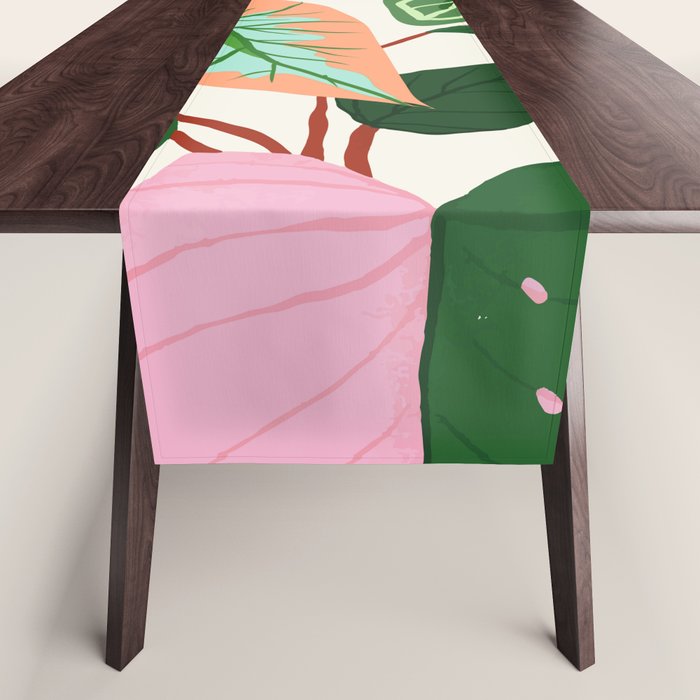 The Inseparable V.01, Nature Botanical Plants, Blush Leaves Modern Boho, Pastel Illustration Garden Table Runner
