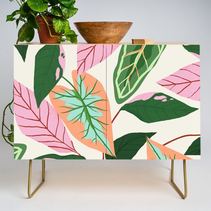 The Inseparable V.01, Nature Botanical Plants, Blush Leaves Modern Boho, Pastel Illustration Garden Credenza