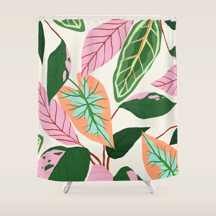 The Inseparable V.01, Nature Botanical Plants, Blush Leaves Modern Boho, Pastel Illustration Garden Shower Curtain