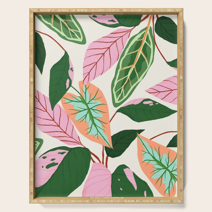 The Inseparable V.01, Nature Botanical Plants, Blush Leaves Modern Boho, Pastel Illustration Garden Serving Tray