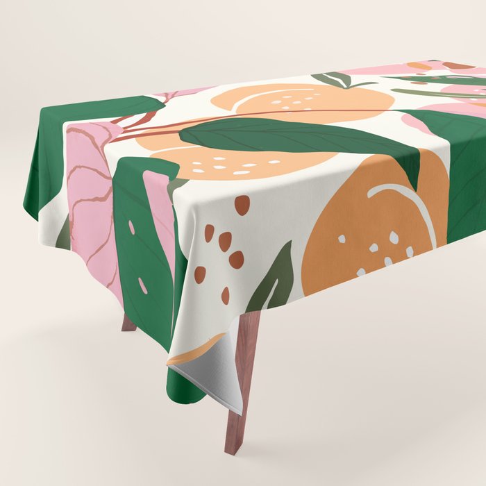 The Peach Garden , Vintage Botanical Tropical Jungle, Fruits Plants Pastel Summer Forest Tablecloth