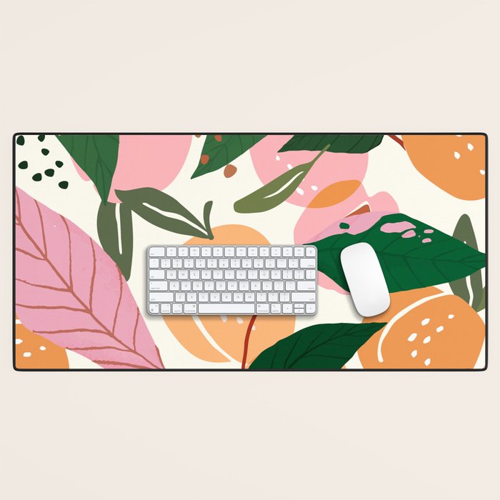The Peach Garden , Vintage Botanical Tropical Jungle, Fruits Plants Pastel Summer Forest Desk Mat
