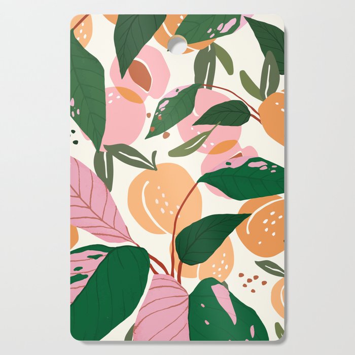 The Peach Garden , Vintage Botanical Tropical Jungle, Fruits Plants Pastel Summer Forest Cutting Board