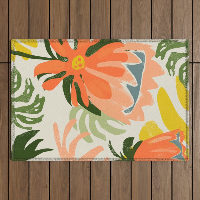 Flowers & Rain, Summer Floral Nature Botanical Painting, Modern Colorful Bohemian Illustration Outdoor Rug