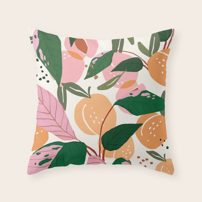 The Peach Garden , Vintage Botanical Tropical Jungle, Fruits Plants Pastel Summer Forest Throw Pillow
