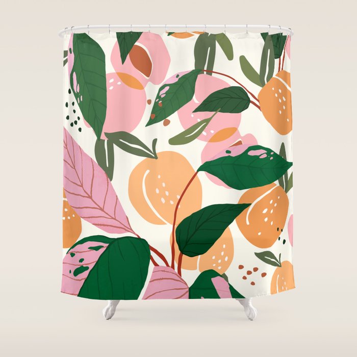 The Peach Garden , Vintage Botanical Tropical Jungle, Fruits Plants Pastel Summer Forest Shower Curtain