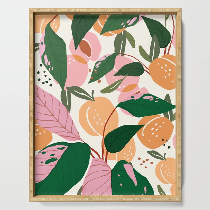 The Peach Garden , Vintage Botanical Tropical Jungle, Fruits Plants Pastel Summer Forest Serving Tray