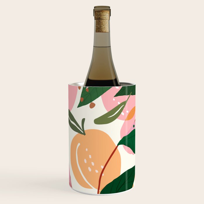 The Peach Garden , Vintage Botanical Tropical Jungle, Fruits Plants Pastel Summer Forest Wine Chiller