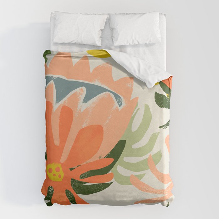Flowers & Rain, Summer Floral Nature Botanical Painting, Modern Colorful Bohemian Illustration Duvet Cover