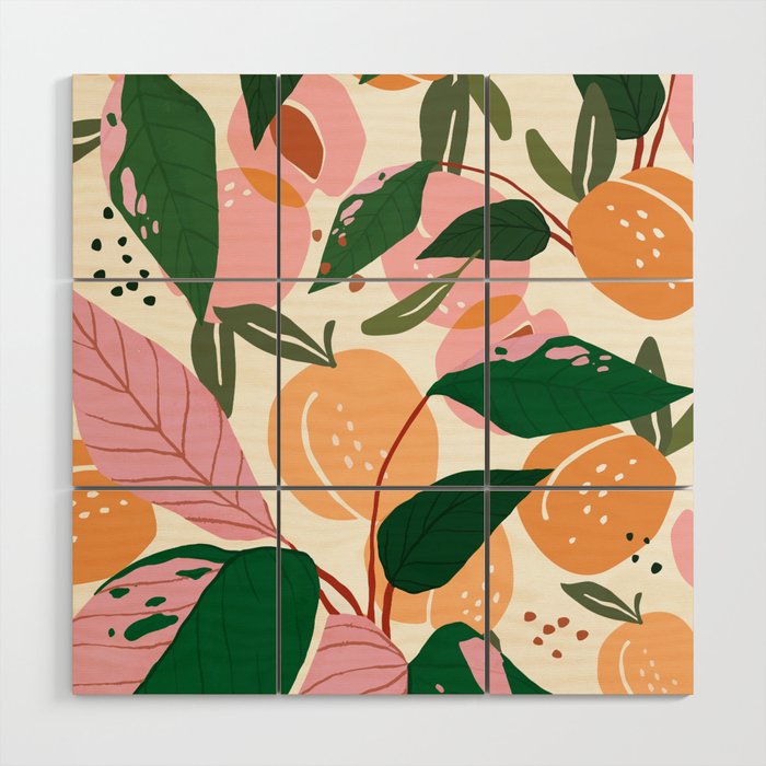 The Peach Garden , Vintage Botanical Tropical Jungle, Fruits Plants Pastel Summer Forest Wood Wall Art