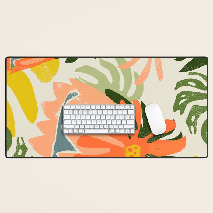 Flowers & Rain, Summer Floral Nature Botanical Painting, Modern Colorful Bohemian Illustration Desk Mat