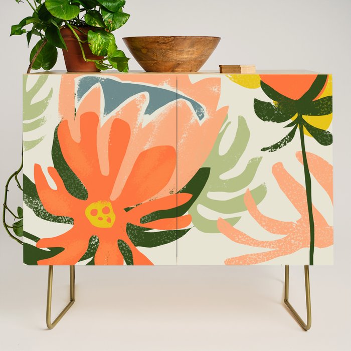 Flowers & Rain, Summer Floral Nature Botanical Painting, Modern Colorful Bohemian Illustration Credenza