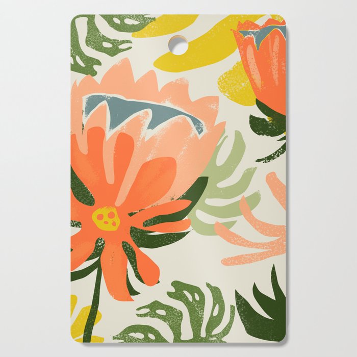 Flowers & Rain, Summer Floral Nature Botanical Painting, Modern Colorful Bohemian Illustration Cutting Board
