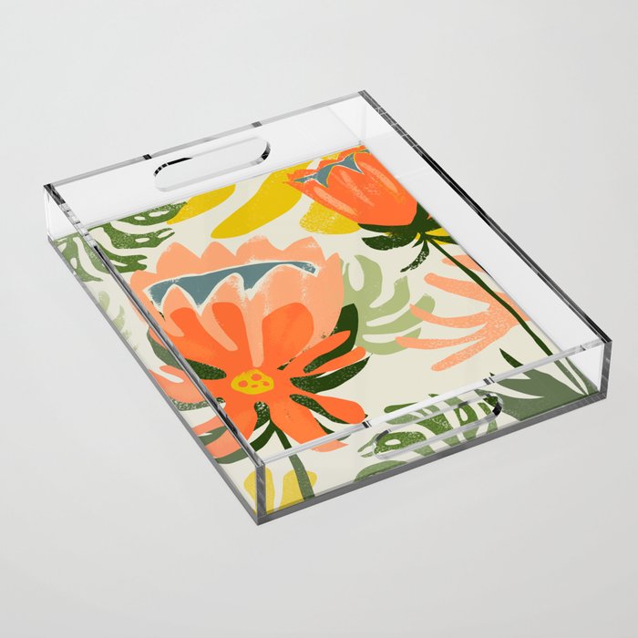 Flowers & Rain, Summer Floral Nature Botanical Painting, Modern Colorful Bohemian Illustration Acrylic Tray