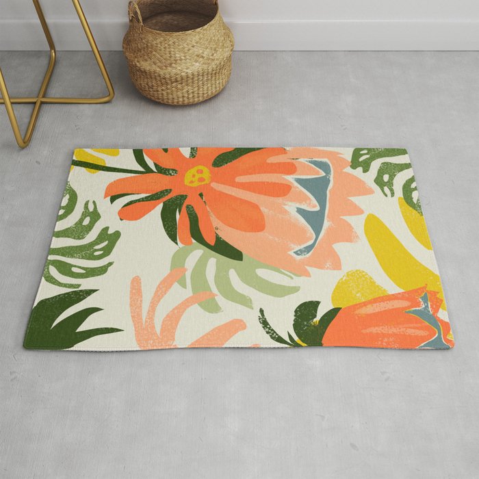 Flowers & Rain, Summer Floral Nature Botanical Painting, Modern Colorful Bohemian Illustration Rug