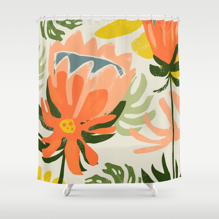 Flowers & Rain, Summer Floral Nature Botanical Painting, Modern Colorful Bohemian Illustration Shower Curtain