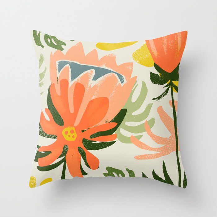 Flowers & Rain, Summer Floral Nature Botanical Painting, Modern Colorful Bohemian Illustration Throw Pillow