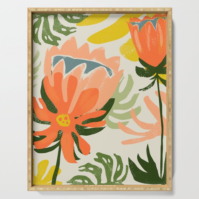 Flowers & Rain, Summer Floral Nature Botanical Painting, Modern Colorful Bohemian Illustration Serving Tray