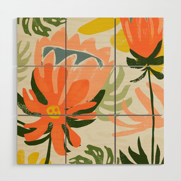 Flowers & Rain, Summer Floral Nature Botanical Painting, Modern Colorful Bohemian Illustration Wood Wall Art