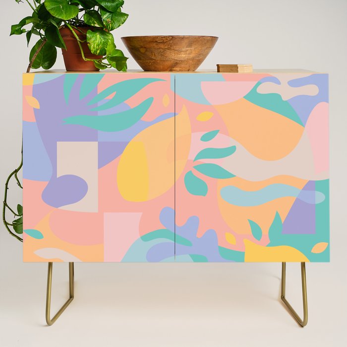 Lemons In Amalfi / Abstract Shapes, Pink, Turquoise, Yellow, Lavender Credenza