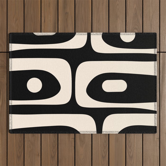 Mid Century Modern Piquet Abstract Pattern In Black And Almond Cream Outdoor Rug
