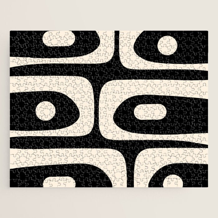 Mid Century Modern Piquet Abstract Pattern In Black And Almond Cream Jigsaw Puzzle