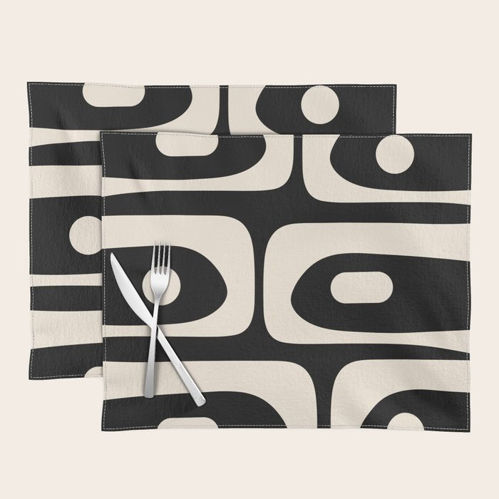 Mid Century Modern Piquet Abstract Pattern In Black And Almond Cream Placemat