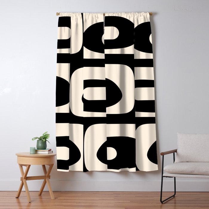 Mid Century Modern Piquet Abstract Pattern In Black And Almond Cream Window Curtain