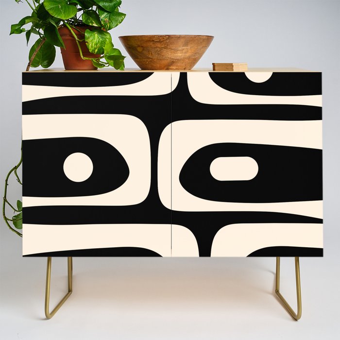 Mid Century Modern Piquet Abstract Pattern In Black And Almond Cream Credenza