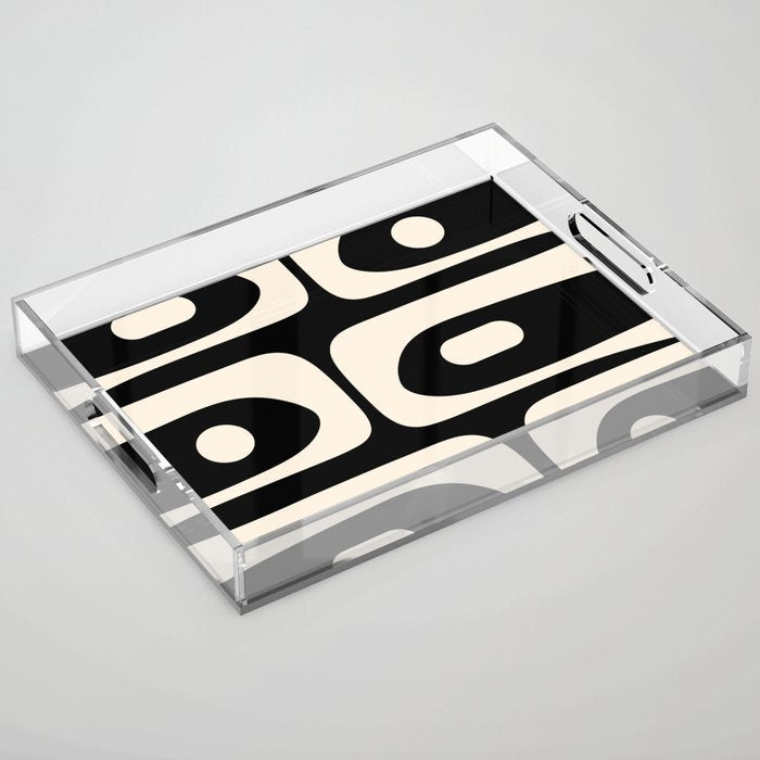 Mid Century Modern Piquet Abstract Pattern In Black And Almond Cream Acrylic Tray