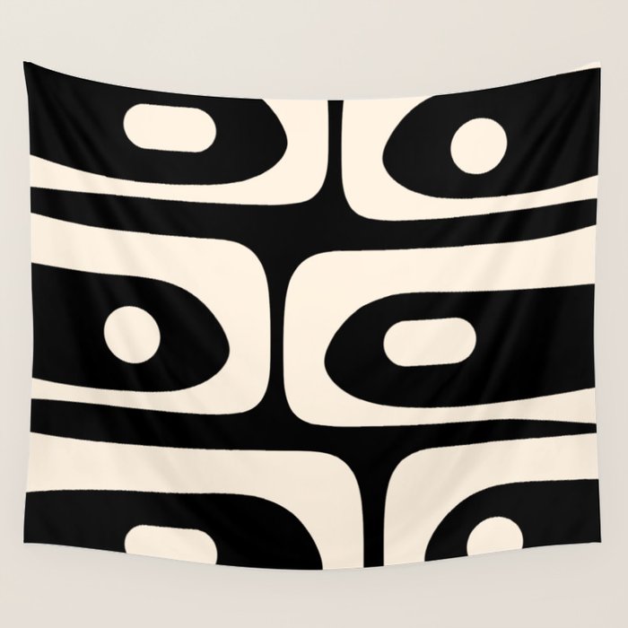 Mid Century Modern Piquet Abstract Pattern In Black And Almond Cream Wall Tapestry