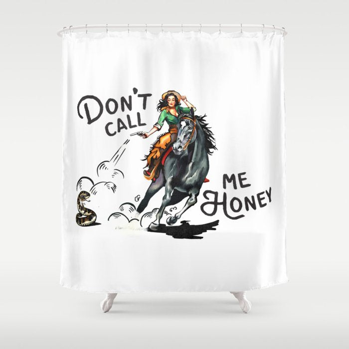 "Don'T Call Me Honey" Cowgirl On Horseback Shooting A Rattlesnake Shower Curtain