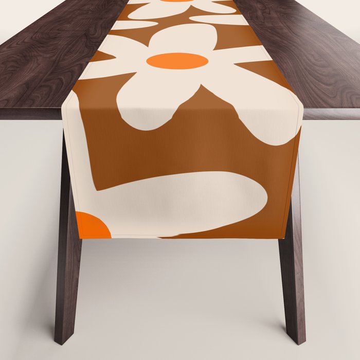 Daisy Time Retro Floral Pattern Brown Orange Beige Table Runner