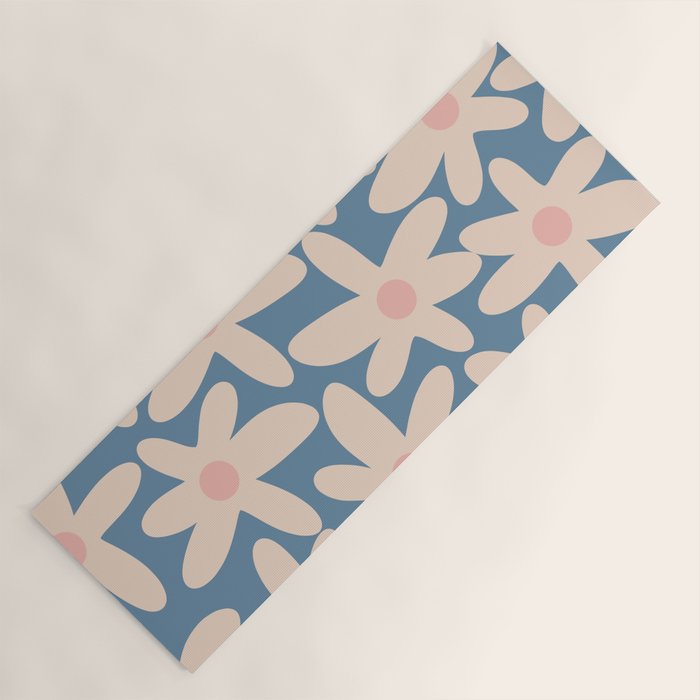 Daisy Time Retro Floral Pattern In Medium Blue And Pale Blush Yoga Mat
