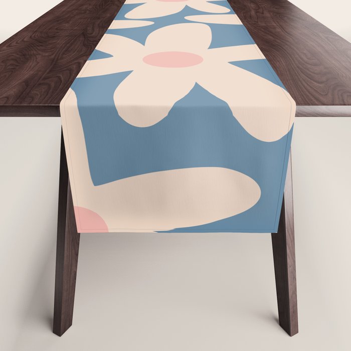 Daisy Time Retro Floral Pattern In Medium Blue And Pale Blush Table Runner