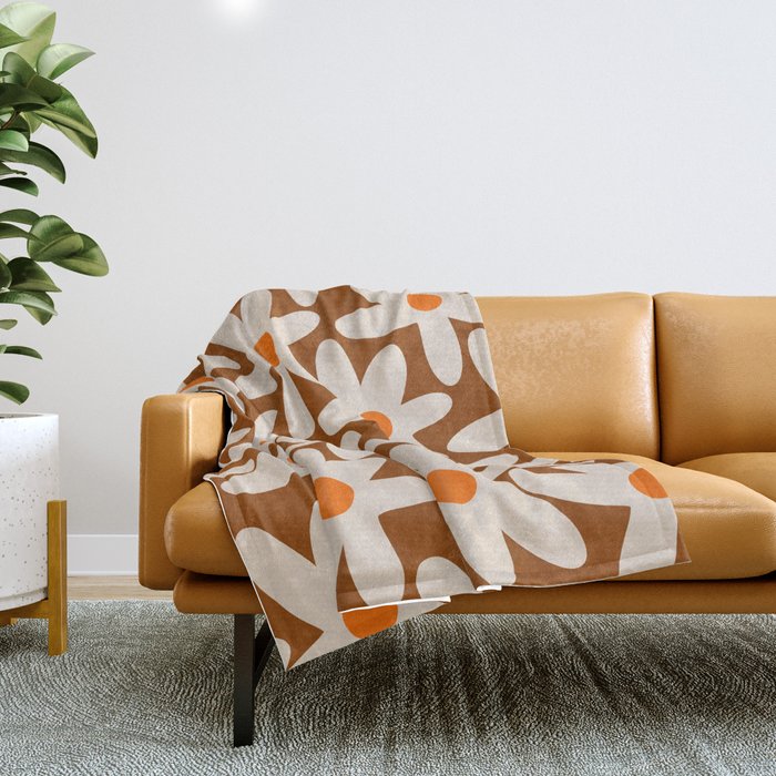 Daisy Time Retro Floral Pattern Brown Orange Beige Throw Blanket