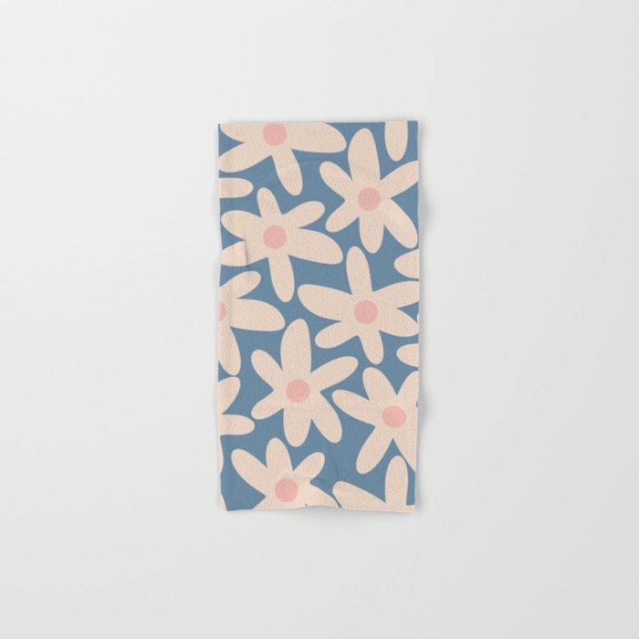Daisy Time Retro Floral Pattern In Medium Blue And Pale Blush Bath Towel
