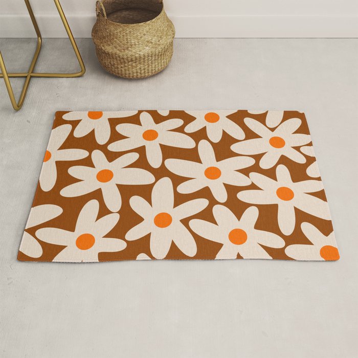 Daisy Time Retro Floral Pattern Brown Orange Beige Rug